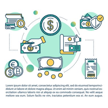 Traditional payments concept icon with text. Cash operations. Bank control. Currancy transfers. Article page vector template. Brochure, magazine, booklet design element with linear illustrations