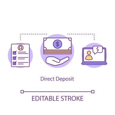Direct deposit concept icon. Electronic payment idea thin line illustration. Bank account transaction. Money transfer. Banking. Vector isolated outline drawing. Editable stroke