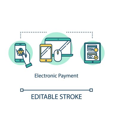 Electronic payment concept icon. Online money transfer idea thin line illustration. Digital banking operation. Wireless transaction. E-payment. Vector isolated outline drawing. Editable stroke