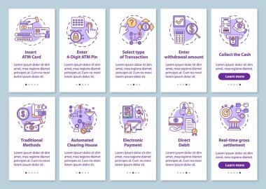 Payments onboarding mobile app page screen with linear concepts. Traditional methods. Transaction guide. Walkthrough steps graphic instructions. UX, UI, GUI vector template with illustrations