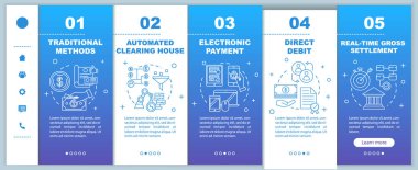 Payment methods onboarding mobile web pages vector template. Electronic payment. Responsive smartphone website interface idea with linear illustrations. Webpage walkthrough step screens. Color concept