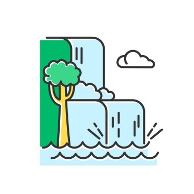 Waterfall landscape color icon. Vacation trip to Indonesia. Hidden treasures of Bali. Tropical jungle rivers. Water cascade in rainforest. Discovering world wonders. Isolated vector illustration