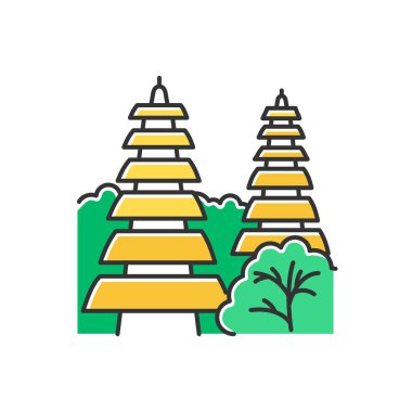 Pura tanah lot temple in Bali color icon. Indonesian touristic destinations and religious places. Hinduist temple with traditional balinese grass roof. Isolated vector illustration