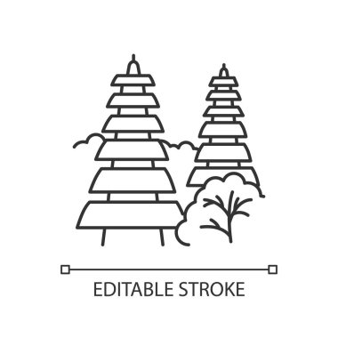 Pura tanah lot temple in Bali linear icon. Indonesian and religious places. Hinduist temple with grass roof. Thin line illustration. Contour symbol. Vector isolated outline drawing. Editable stroke