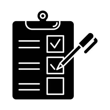 Anket anketi şekil simgesi. Kontrol listesi. Müşteri hizmeti derecesi. Geri bildirim. Değerlendirme. Sosyal araştırma. Veri toplama. Siluet sembolü. Boşluk yok. Vektör izole illüstrasyonu