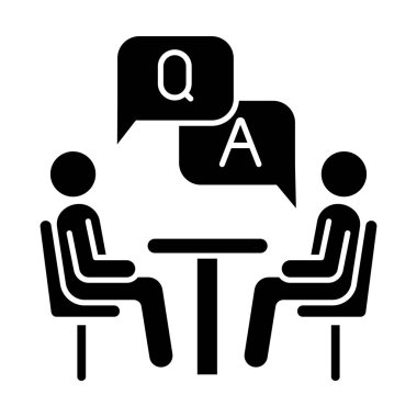 Kişisel görüşme anketi simgesi. Sorular ve cevaplar anketi. Sosyal araştırma. Müşteri memnuniyeti. Geri bildirim. Değerlendirme. Siluet sembolü. Boşluk yok. Vektör izole illüstrasyonu