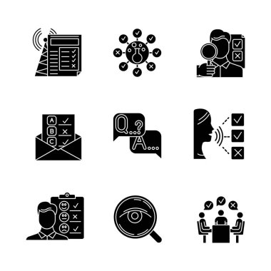 Anket metotları glifleri ayarlandı. Kimyasal analiz. E-posta, internet bağlantısı anketi. Kamuoyu. Müşteri memnuniyeti. Geri bildirim. Değerlendirme. Siluet sembolleri. Vektör izole illüstrasyonu
