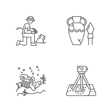 Arkeoloji doğrusal simgeleri ayarlandı. Kazı. Eski bir eser. Kayıp şehirler. Köşe harabeleri. Saha araştırması. İnce çizgi çizgili semboller. İzole vektör çizimi çizimleri. Düzenlenebilir vuruş