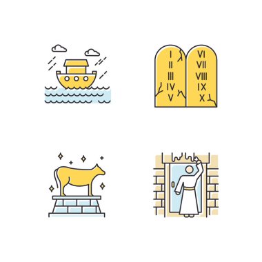 İncil anlatım simgeleri ayarlandı. Hamursuz Bayramı, sel efsaneleri, on emir. Dini efsaneler. Hristiyan dini, kutsal kitap sahneleri. İncil 'de geçen hikayeler. İzole vektör çizimleri