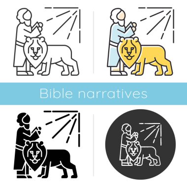 Daniel in Lion den Bible hikaye ikonu. Efsanevi kahraman dua ediyor. Dini bir efsane. Hristiyan dini. İncil 'deki gibi. Kabartma, tebeşir, doğrusal ve renk tarzları. İzole vektör çizimleri