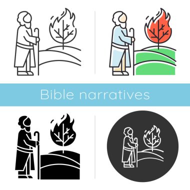 Moses and the burning bush Bible story icon. Prophet and tree in flame. Religious legend. Biblical narrative. Glyph, chalk, linear and color styles. Isolated vector illustrations clipart
