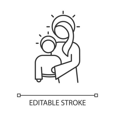 Oğlu İsa 'nın doğrusal simgesi olan Bakire Meryem. Kutsal Meryem bebek İsa 'ya sarılıyor. Kurtarıcı 'nın Noel ve çocukluğu. İnce çizgili çizim. Contour sembolü. Vektör izole çizim. Düzenlenebilir vuruş