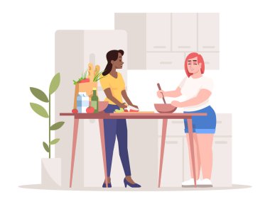 ?Sebzelerin düz vektör çizimi. Sağlıklı bir yaşam tarzı. Vejetaryenlik. Vücut pozitif. Düzgün beslenme. Farklı milletlerden iki kadın beyaz arka planda karikatür karakterini izole etti.