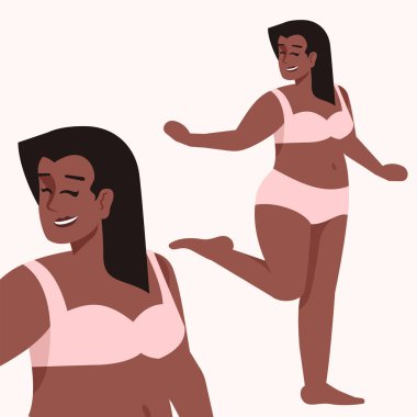 İki parçalı mayolu, düz vektör çizimi giymiş bir kadın. Fazla kilolu. Vücut pozitifi ve feminizm. Artı boyut. Afrikalı Amerikalı gülümseyen kadın beyaz arka planda karikatür karakterini izole etti