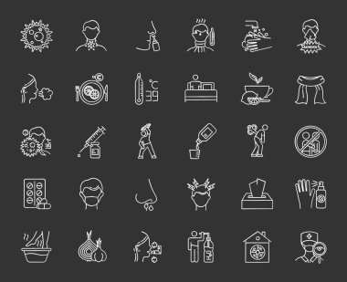 Yaygın soğuk tebeşir simgeleri seti. Grip virüsü tedavisi. Grip, grip belirtileri. Sağlık hizmetleri. Hastalık tedavisi, hastalık yardımı. Öksürük, boğaz ağrısı. Aşılama. Baş ağrısı. İzole edilmiş vektör karatahta çizimleri