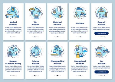 Exhibition and museum onboarding mobile app page screen with linear concepts. Ethnography, biography. Five walkthrough steps graphic instructions. UX, UI, GUI vector template with illustrations