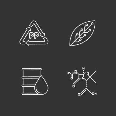 Bilim ve doğa tebeşir ikonları ayarlandı. Biyoteknoloji ürünleri. Geri dönüşüm malzemeleri. Laboratuvarda çalışıyorum. Mikrobiyoloji bilim adamları. Organik kimya araştırması. İzole edilmiş vektör karatahta çizimleri