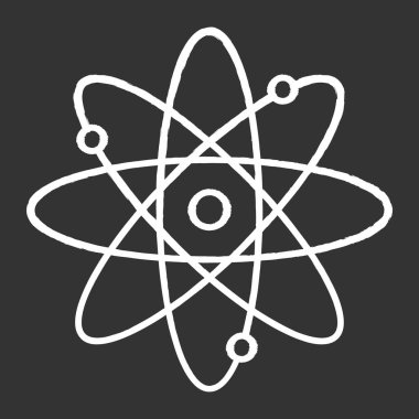 Molekül atomu tebeşiri ikonu. Nükleer enerji kaynağı. Elektron yörüngeli atom çekirdeği. Bilim sembolü. Kuantum fiziği. Parçacık modeli. Organik kimya. İzole edilmiş vektör karatahta çizimi?