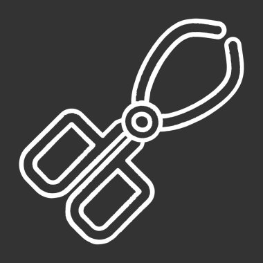 Crucible maşası tebeşir ikonu. Cerrah, doktor, dişçi ekipmanı. Paslanmaz çelik laboratuvar aleti. Beher pensesi. Kıskaç kıskacı. Organik kimya. İzole edilmiş vektör karatahta çizimi