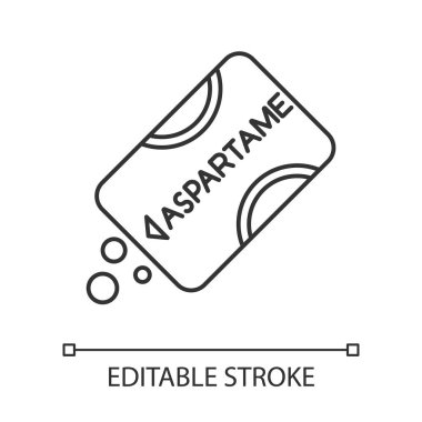 Aspartam doğrusal simgesi. Düşük kalori katkı maddesi. Yapay tatlandırıcı. Şekerin inceliği. Organik kimya ürünü. İnce çizgili çizim. Contour sembolü. Vektör izole çizim. Düzenlenebilir vuruş
