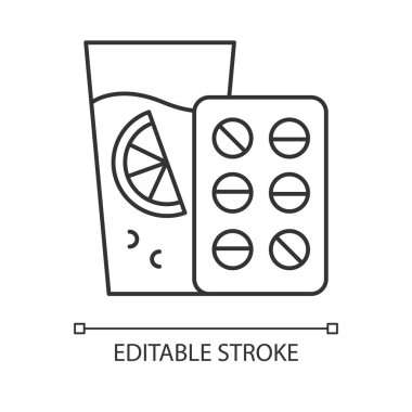 Vitamin girişi doğrusal simgesi. Portakal suyu. Diyet takviyesi. C vitamini ve Citrus içeceği. Sağlık sigortası, beslenme. İnce çizgili çizim. Contour sembolü. Vektör izole çizim. Düzenlenebilir vuruş