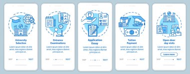Mobil uygulama sayfa vektör şablonu üzerine üniversite girişi. Okul taksiti. Deneme, sınav. Doğrusal çizimler içeren web sitesi adımları. Ux, Ui, Gui akıllı telefon arayüzü kavramı