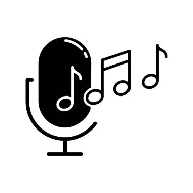 Zil sesi tanıma simgesi. Melodi tanımlama uygulaması. Ses kaydedildi. Mikrofon, notalar, müzik ekipmanları. Ses komutu. Siluet sembolü. Boşluk yok. Vektör izole illüstrasyonu