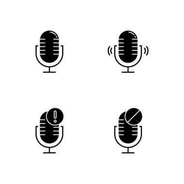 Mikrofon bağlantı problemleri kabartma simgeleri ayarlandı. Ses kaydı hatası. Ses kayıt cihazları. Podcast teknolojisi. Taşınabilir mikrofonlar. Siluet sembolleri. Vektör izole illüstrasyonu
