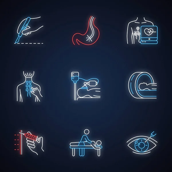 Medische Procedure Neon Licht Pictogrammen Ingesteld Operatie Endoscopie Cardiogram Fysiotherapie — Stockvector