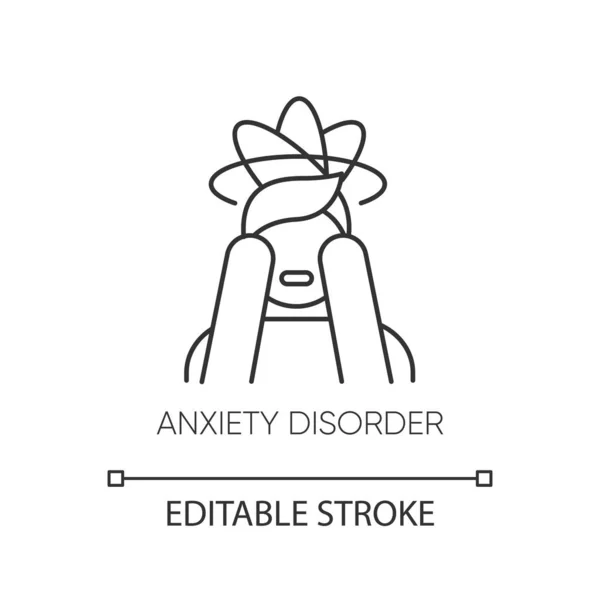 Anxiety disorder linear icon. Fear. Panic attack. Distress. Migraine. Mental problem. Stress and tension. Thin line illustration. Contour symbol. Vector isolated outline drawing. Editable stroke