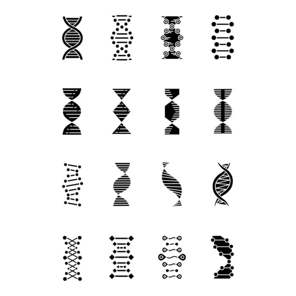 Dnaヘリックスグリフアイコンが設定されます 脱酸素 核酸構造 螺旋状の鎖染色体 分子生物学遺伝子コードゲノム 遺伝学シルエットのシンボル ベクトル分離図 — ストックベクタ
