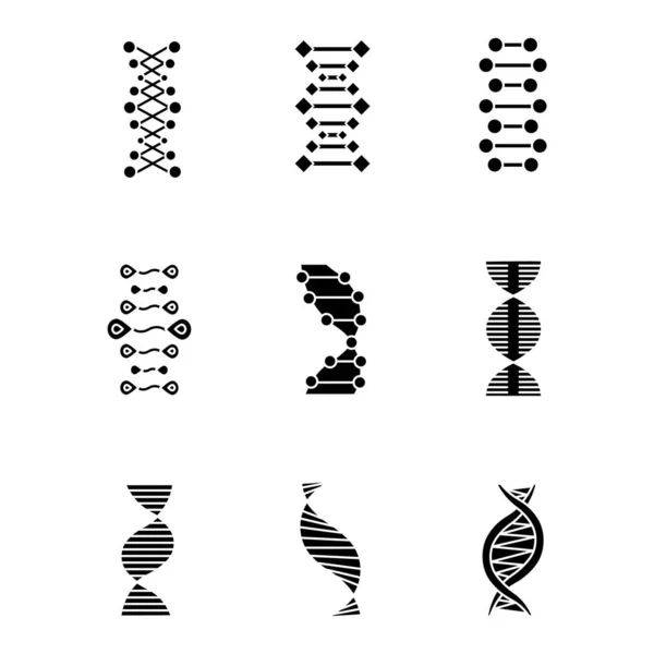 Conjunto Ícones Dna Dupla Hélice Glifo Estrutura Ácido Nucleico Desoxirribonucleico — Vetor de Stock