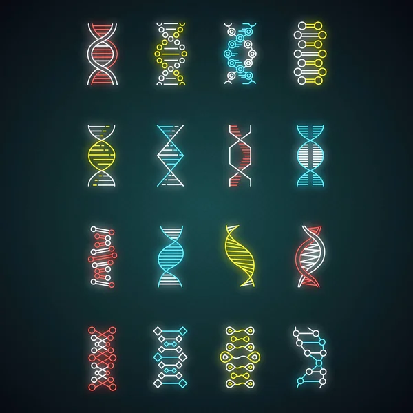 Conjunto Iconos Luz Neón Hélice Adn Estructura Ácido Nucleico Desoxirribonucleico — Archivo Imágenes Vectoriales