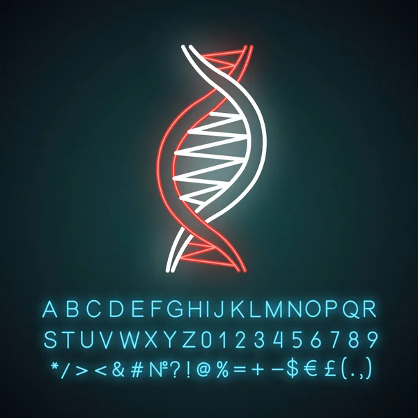 左撇子Dna螺旋霓虹灯图标 Dna 脱氧核糖核酸 分子生物学 遗传密码 遗传学 闪烁着字母 数字和符号的符号 矢量孤立的说明 — 图库矢量图片