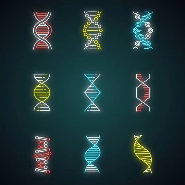 Adn Espirales Neón Iconos Luz Establecidos Desoxirribonucleico Hélice Ácido Nucleico — Archivo Imágenes Vectoriales