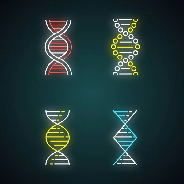 Fio Espiral Dna Conjunto Ícones Luz Néon Hélice Ácido Nucleico — Vetor de Stock