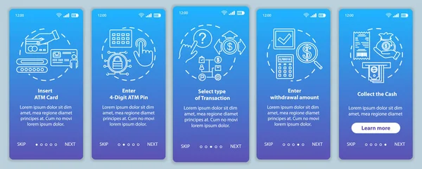 Atm Instruktion Onboarding Mobil App Sida Skärm Vektor Mall Genomgång — Stock vektor