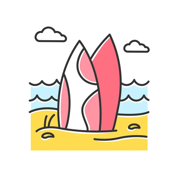 Красные Доски Серфинга Иконке Цвета Пляжа Морские Волны Серфинга Отпуск — стоковый вектор