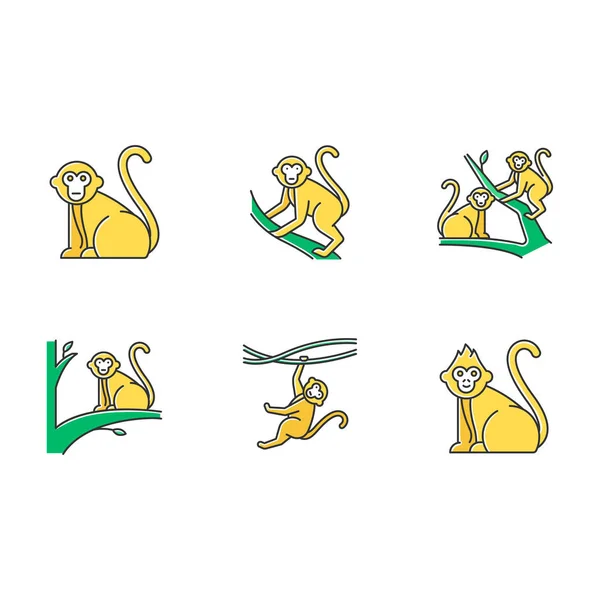 Macacos Conjunto Ícones Cor Selvagem País Tropical Animal Mamífero Árvores — Vetor de Stock