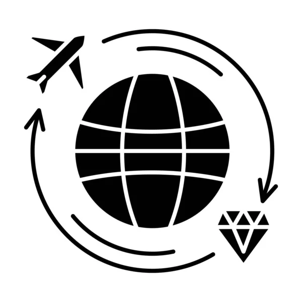 Treasure hunt glyph icon. Worldwide search for ancient artifacts. Travel to explore. Acquiaring diamond. Flight on plane. Repatriation. Silhouette symbol. Negative space. Vector isolated illustration