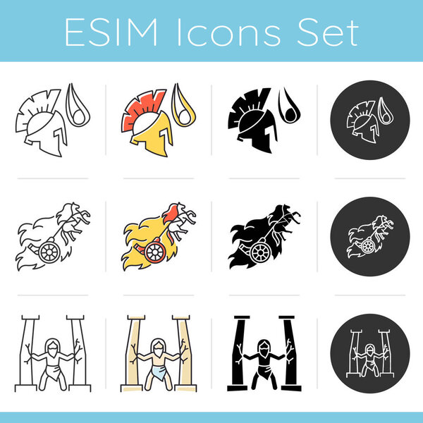 Bible narratives icons set. Chariot of fire, Samson myths. Religious legends. Christian religion, holy book scenes plot. Biblical stories. Linear, black and color styles. Isolated vector illustrations