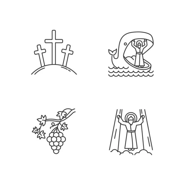 Bijbelverhalen Lineaire Iconen Ingesteld Golgotha Jona Walvis Druivenstok Hemelvaart Van — Stockvector