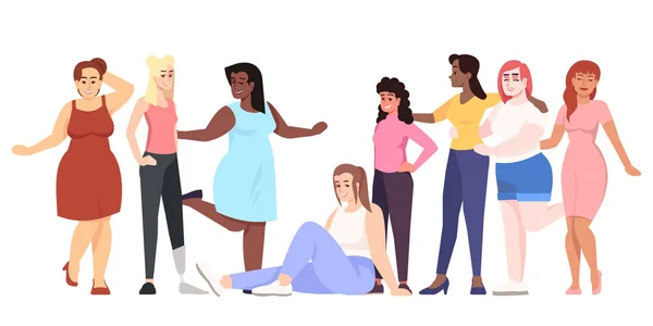 Жінки Плоскі Векторні Ілюстрації Тіло Позитивне Боротьба Рівність Фемінізм Тонкий — стоковий вектор