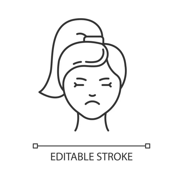 偏头痛线形图标 女性脸上的情感表情 悲伤和情绪低落 经前综合症 细线图解 绕道标志 矢量孤立的轮廓图 可编辑笔划 — 图库矢量图片