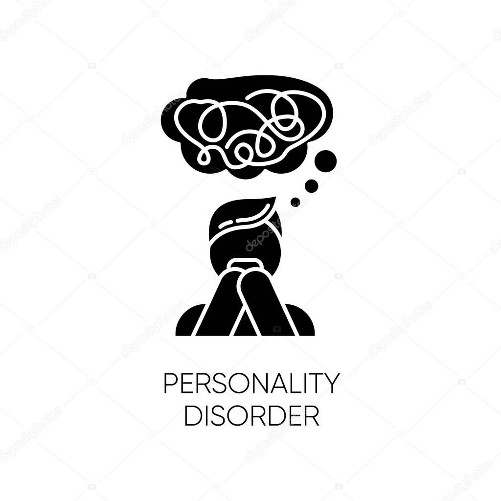 Personality disorder glyph icon. Maladaptive behaviour. Deviation. Mental health issue. Anxiety and distress. Personal disruption. Silhouette symbol. Negative space. Vector isolated illustration