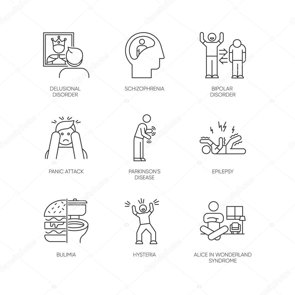 Mental disorder linear icons set. Schizophrenia. Bipolar disorder. Parkinson disease. Epilepsy. Bulimia. Hysteria. Thin line contour symbols. Isolated vector outline illustrations. Editable stroke