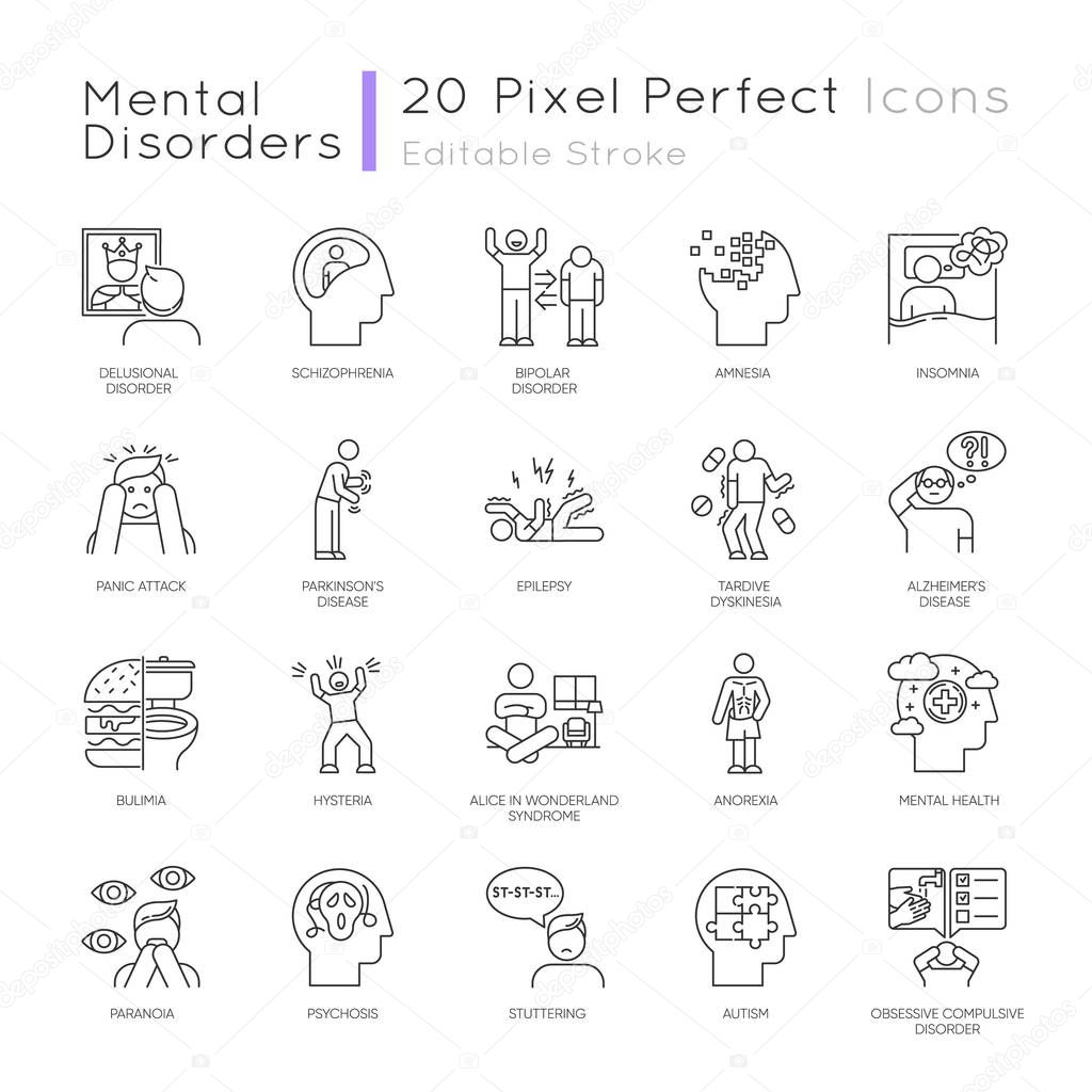 Mental disorder linear icons set. Delusions, schizophrenia. Amnesia. Bipolar disorder. Bulimia, anorexia. Autism. Thin line contour symbols. Isolated vector outline illustrations. Editable stroke