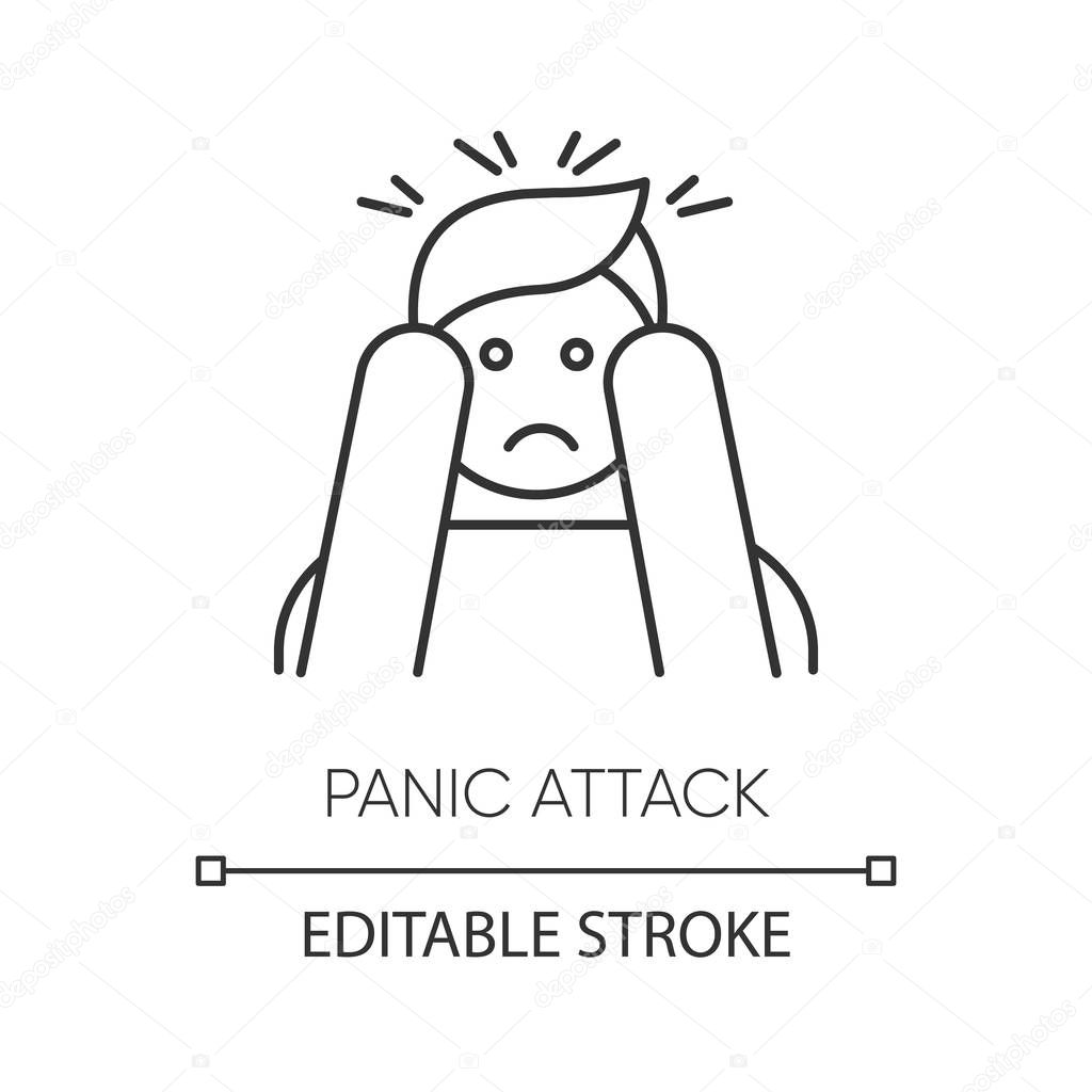 Panic attack linear icon. Anxiety and depression. Paranoia. Person afraid and nervous. Mental disorder. Thin line illustration. Contour symbol. Vector isolated outline drawing. Editable stroke