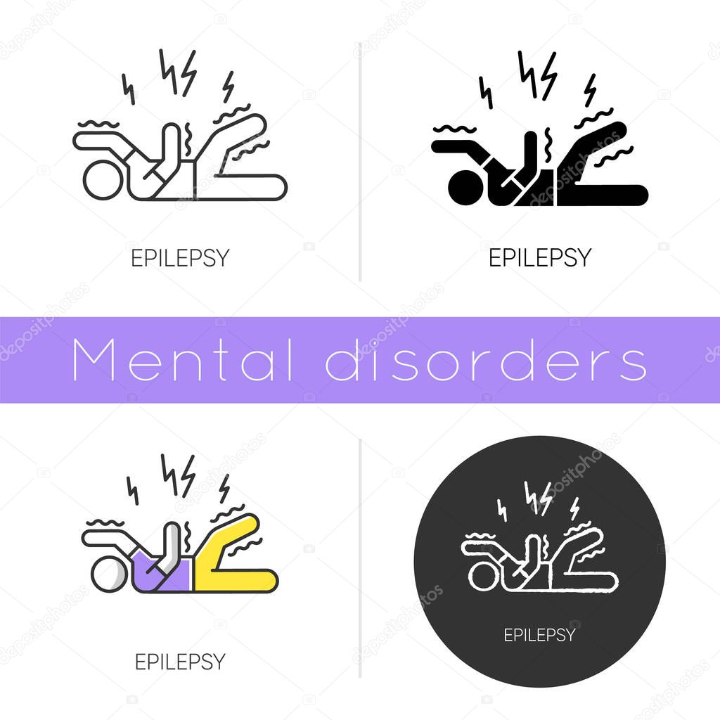 Epilepsy icon. Convulsive seizure. Shaking and tremor. Movement trouble. Epileptic stroke. Abnormal activity. Mental disorder. Flat design, linear and color styles. Isolated vector illustrations