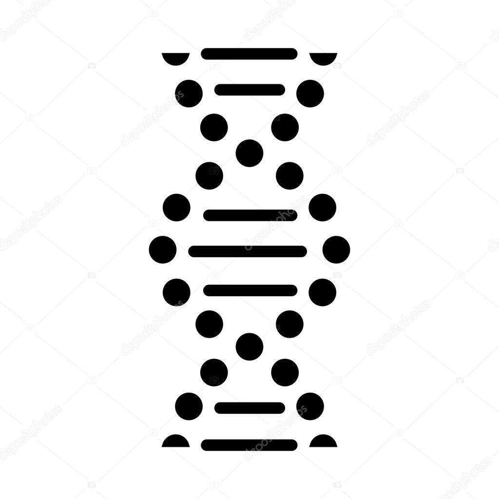 DNA spiral glyph icon. Connected dots, lines. Deoxyribonucleic, nucleic acid helix. Chromosome. Molecular biology. Genetic code. Silhouette symbol. Negative space. Vector isolated illustration